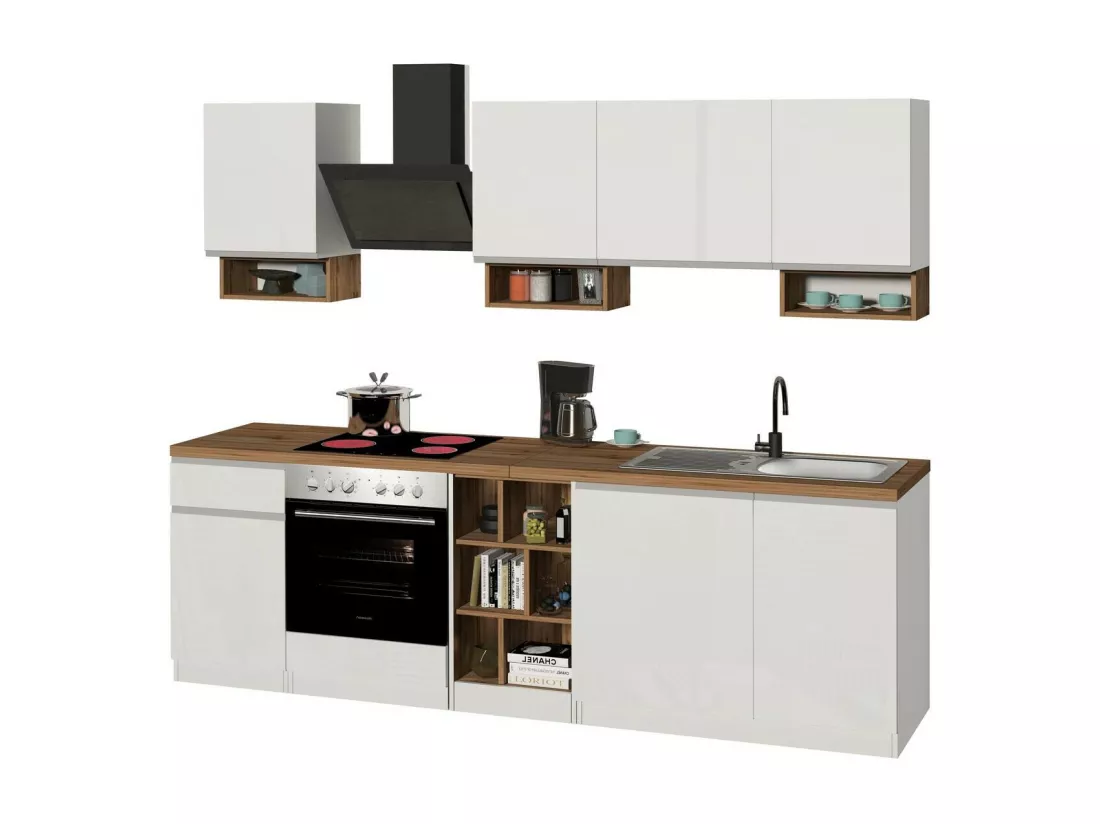 Cuisine complète Dcelient, Ensemble avec garde-manger, Meuble de kitchenette, Kit bloc linéaire, 100% Made in Italy, 255x60h85 cm, Blanc brillant et chêne