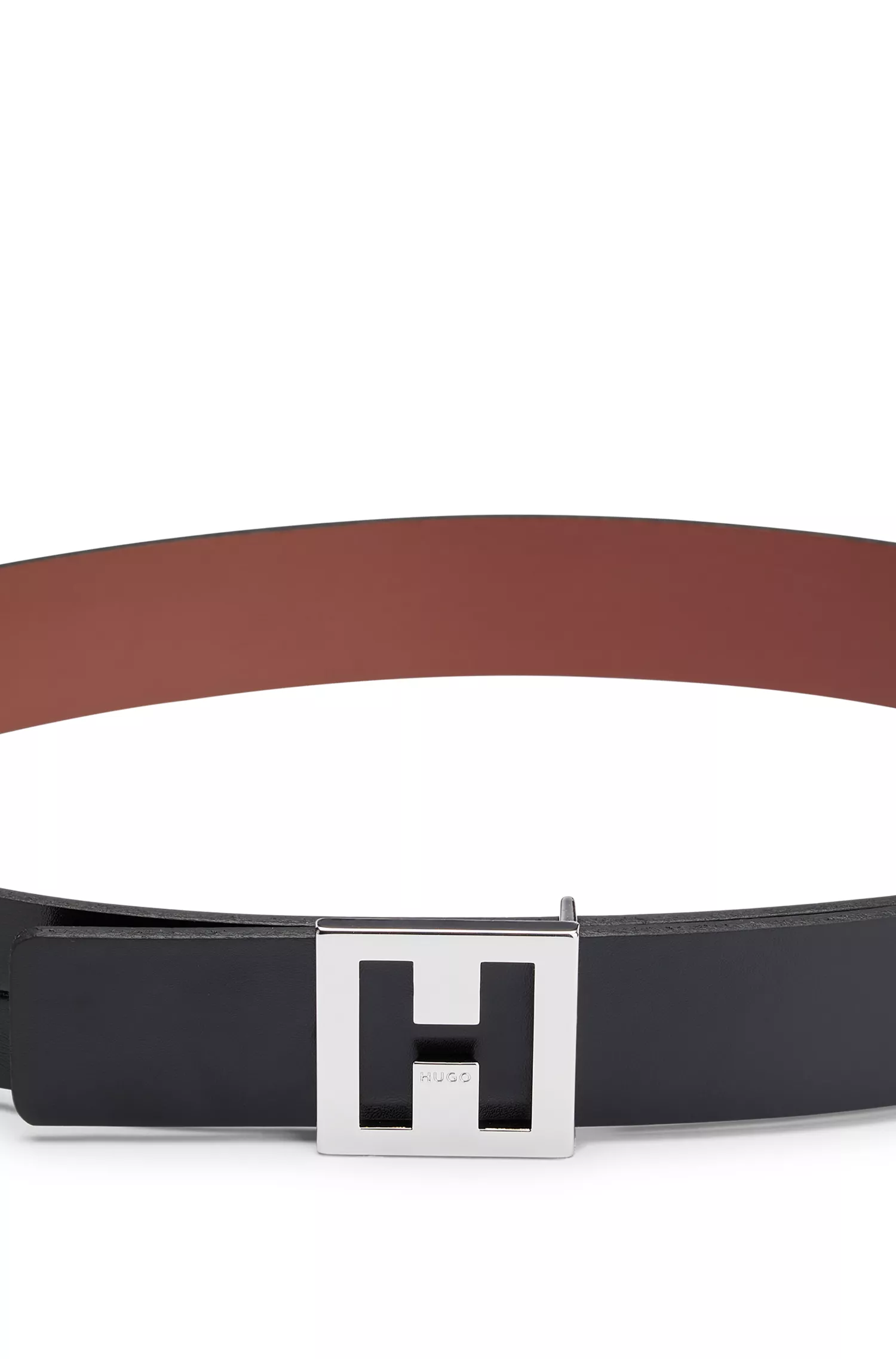 Cinto HUGO vermelho reversível em couro italiano com fivela exclusiva.