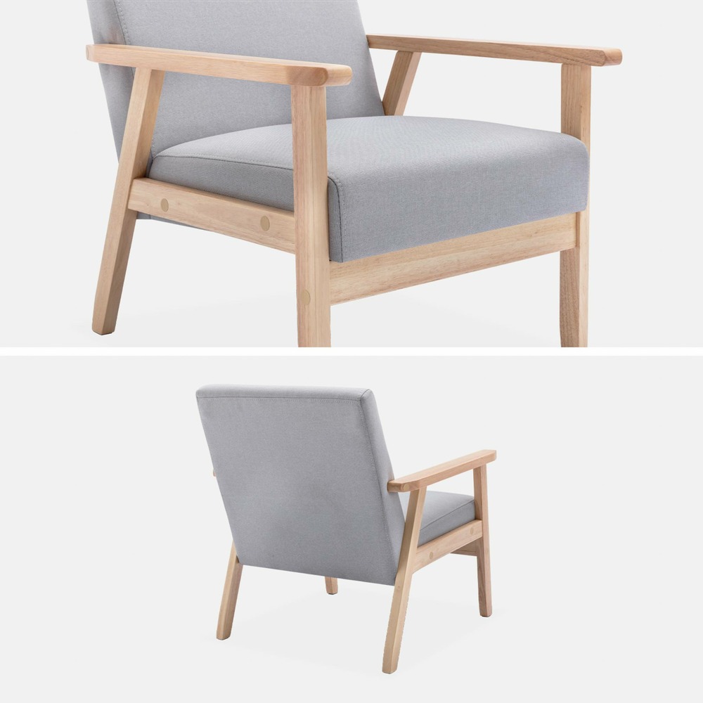 Fauteuil scandinave en bois et tissu gris clair. Isak. L 64 x p 69.5 x h 73cm