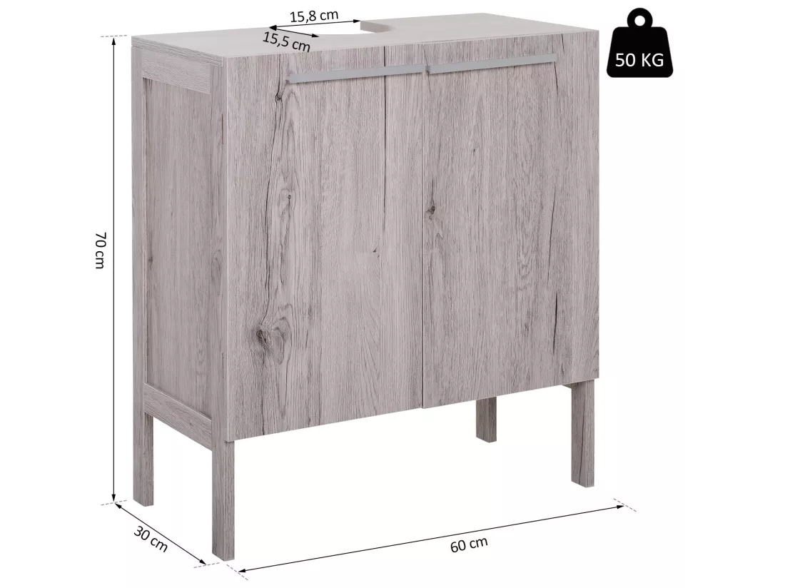 Meuble salle de bain - meuble sous-vasque - placard 2 portes avec étagère - dim. 60L x 30l x 70H cm - MDF imitation bois gris