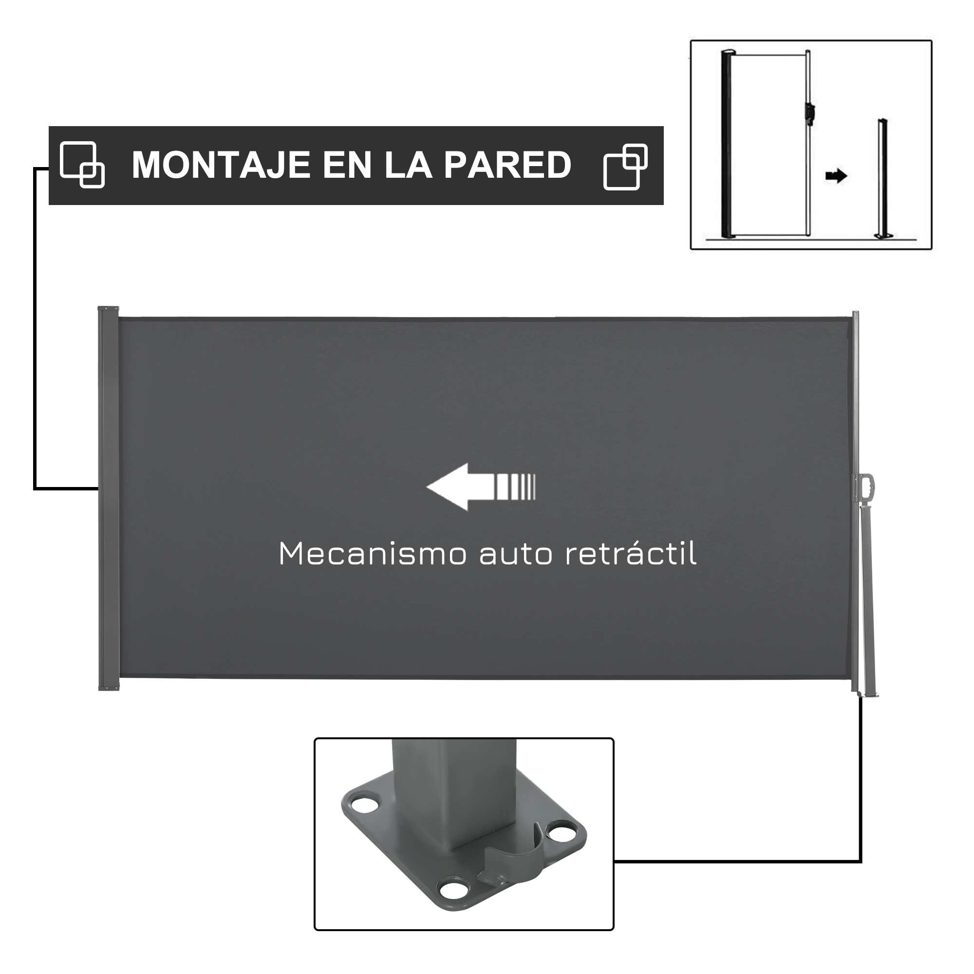 Toldo lateral retrátil Outsunny 300x160 cm, tela de enrolar para privacidade e proteção solar, ideal para jardim, varanda e terraço, cor cinza.