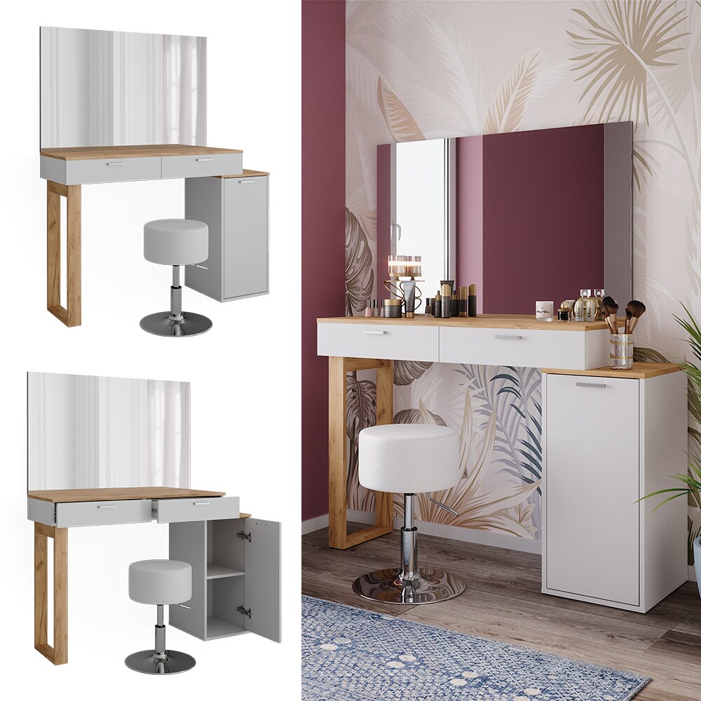Vicco Schminktisch Regina Weiß Eiche 130 cm mit Hocker
