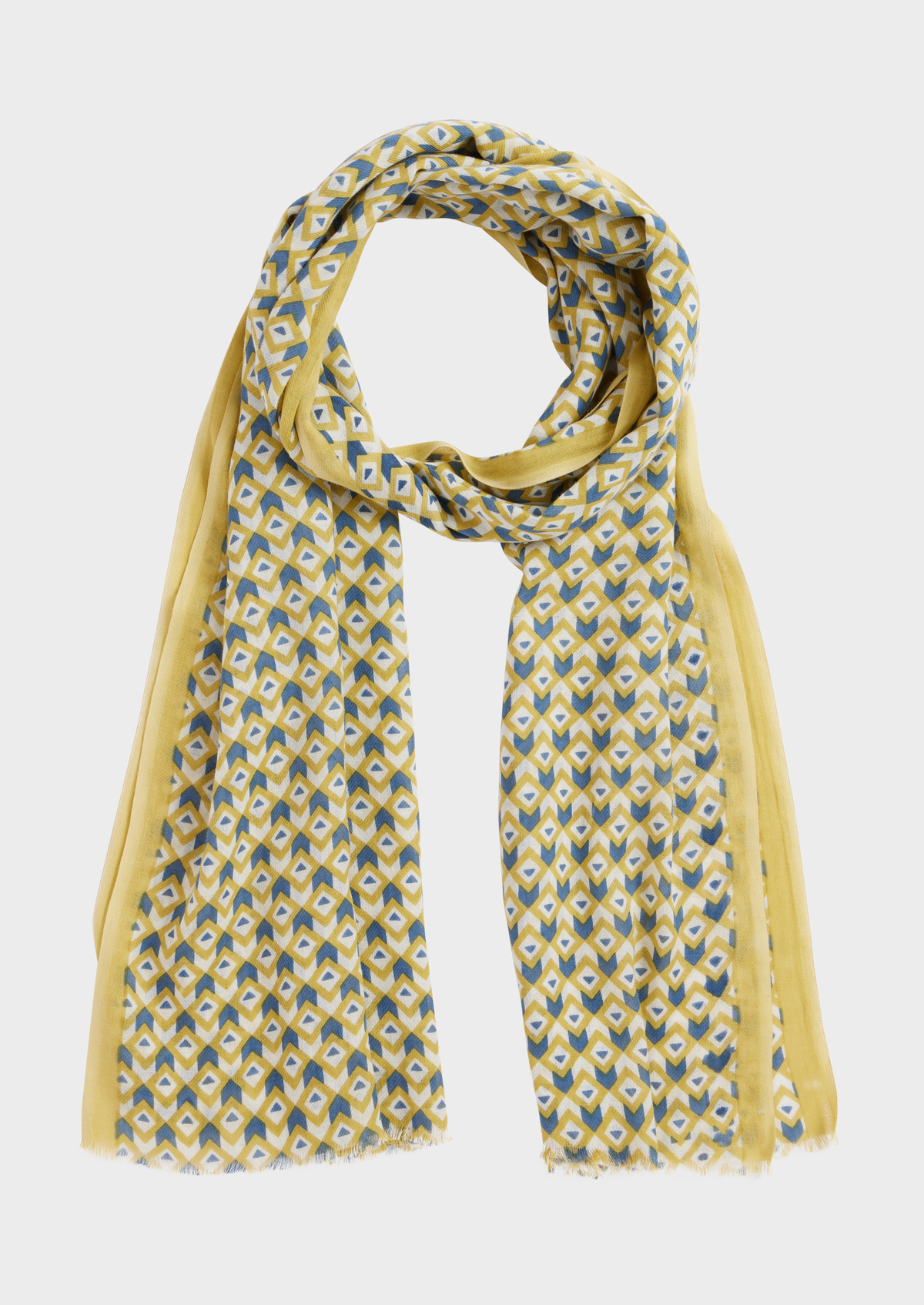 Echarpe en coton jaune curry à motif fantaisie bleu et blanc