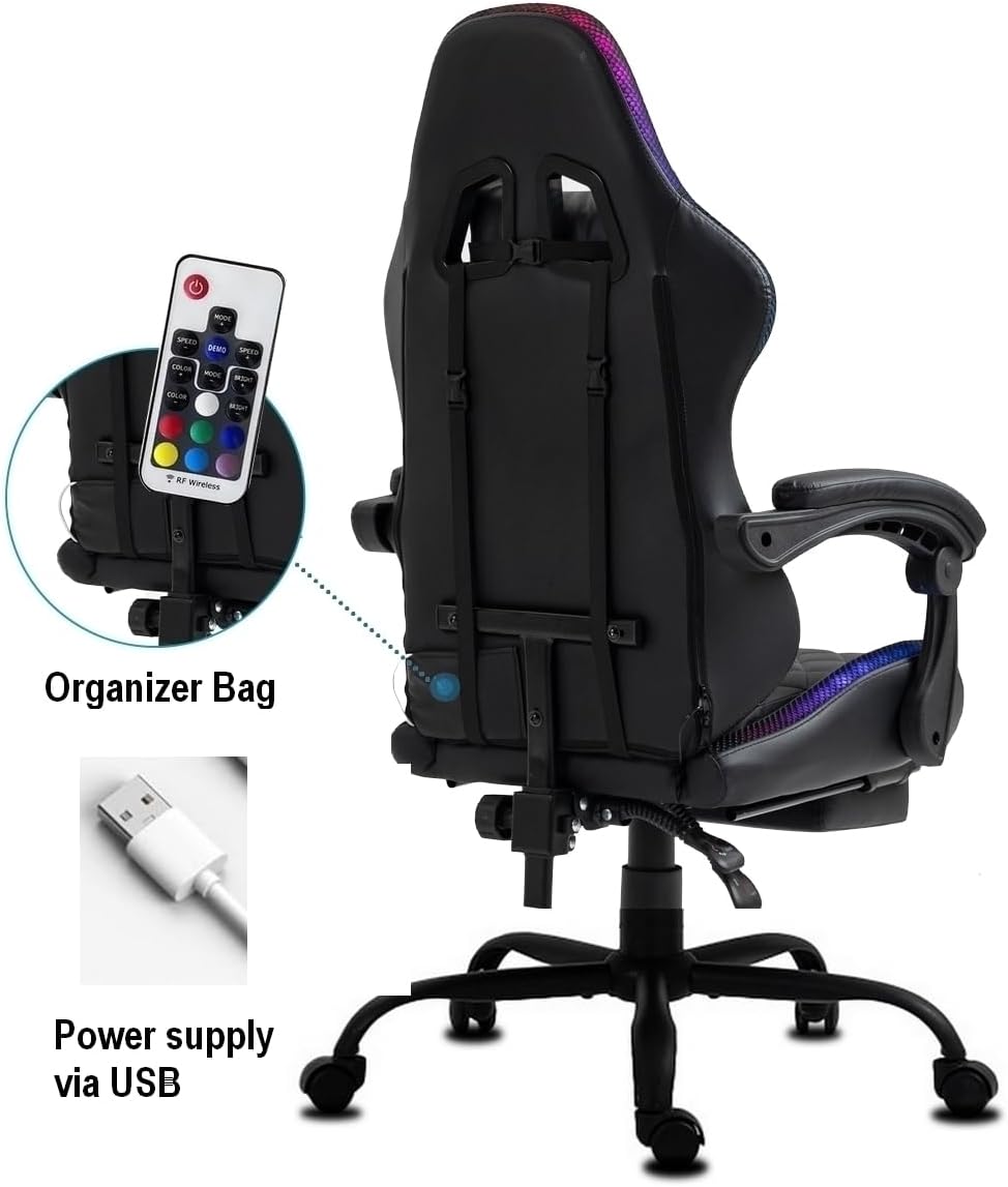 Delman Gaming-Stuhl Bürostuhl Gaming Stuhl mit LED, RGB Beleuchtung, Drehstuhl, Dicke Polsterung, Metallfußkreuz, Fußstütze 02-0055 (Schwarz)