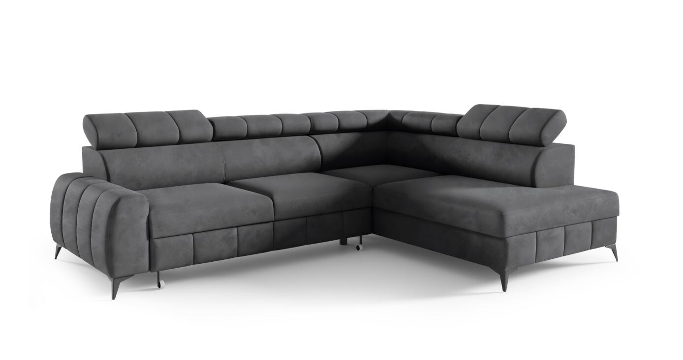 M-Punkt Wohnlandschaft Ecksofa LAGOS Samt Grau Anthrazit mit Bett Bettkasten Kopfteilverstellung Bett Sofa Schlafsofa Ottomane rechts