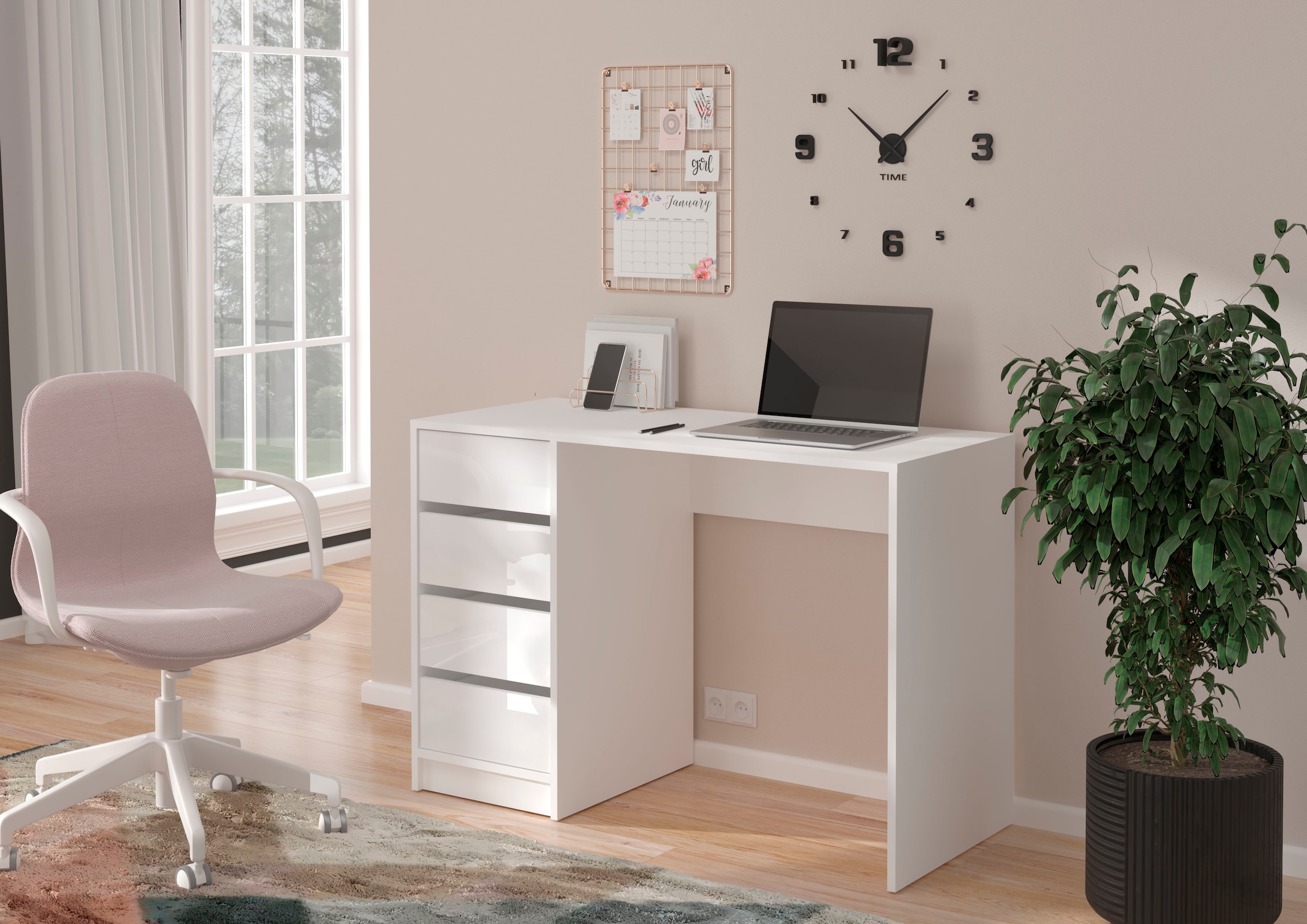 INOSIGN Schreibtisch »Pisa, Breite 110 cm, 4 Schubkästen, hochglanz Schubkastenfront« grifflose Optik, individuell einsetzbar, Schminktisch, Homeoffice