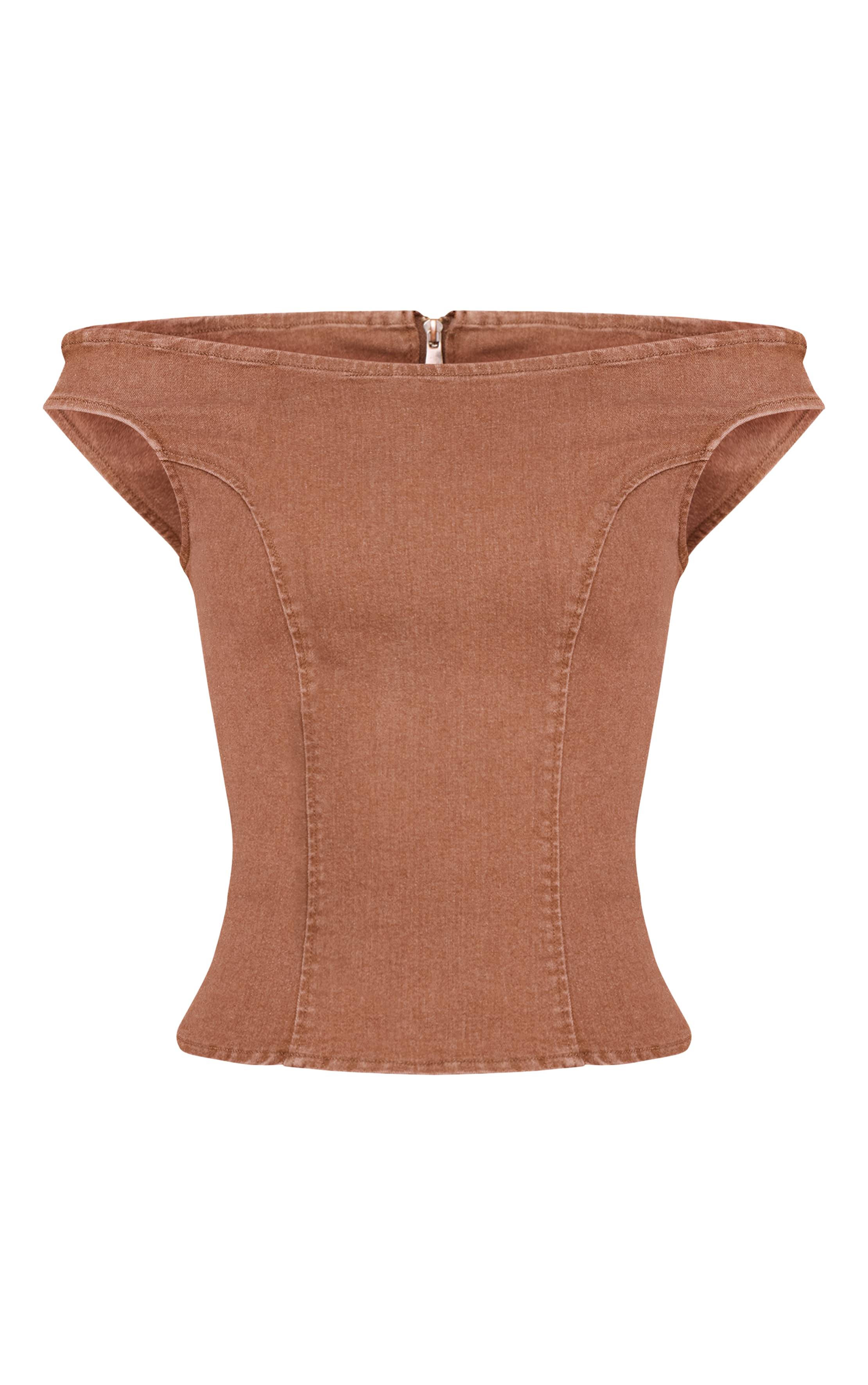 Marron Haut En Denim Stretch À Épaules Dénudées