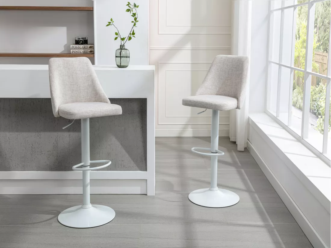 Lot de 2 tabourets de bar en tissu et métal blanc - Beige - KIYOLA