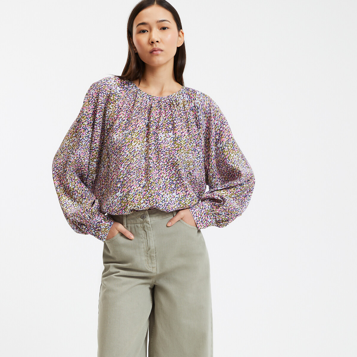 COLEÇÃO LA REDOUTE<br>Blusa fluida estampada, modelagem ampla, gola redonda
