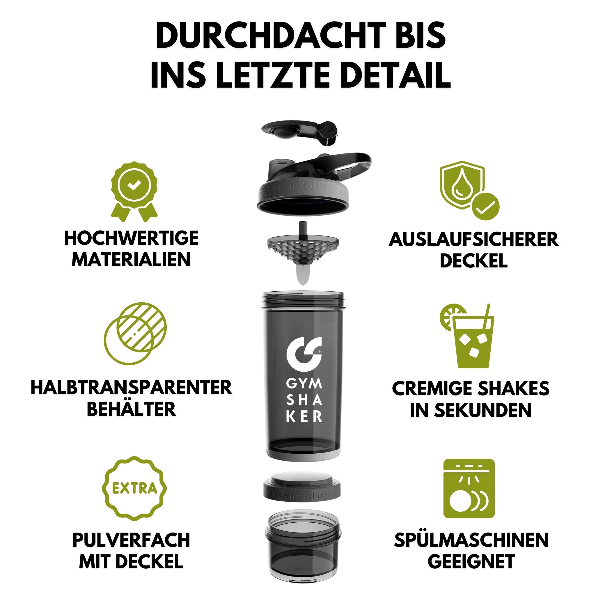 GYMSHAKER Protein Shaker mit Pulverfach Trinkflasche