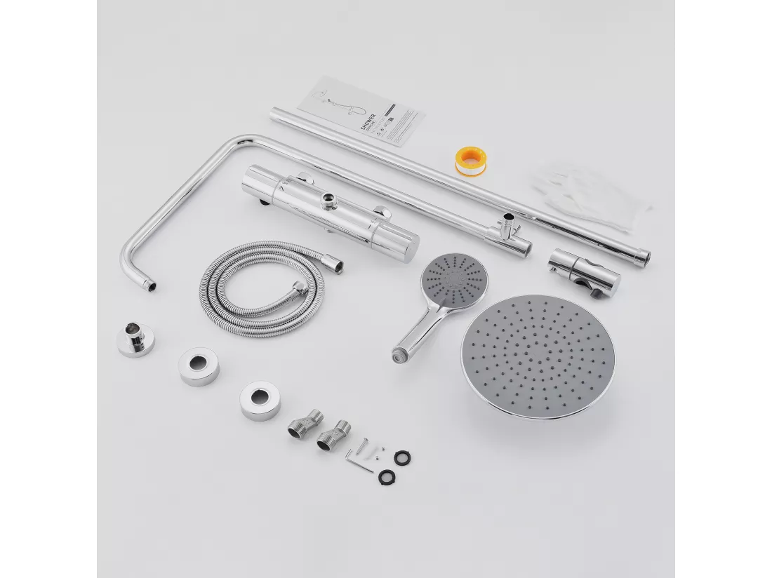 2pcs Colonne de Douche Thermostatique Chromé Ensemble Douche Ronde en Laiton Système de Douche Hauteur Réglable Douchette avec 3 Jets D'eau