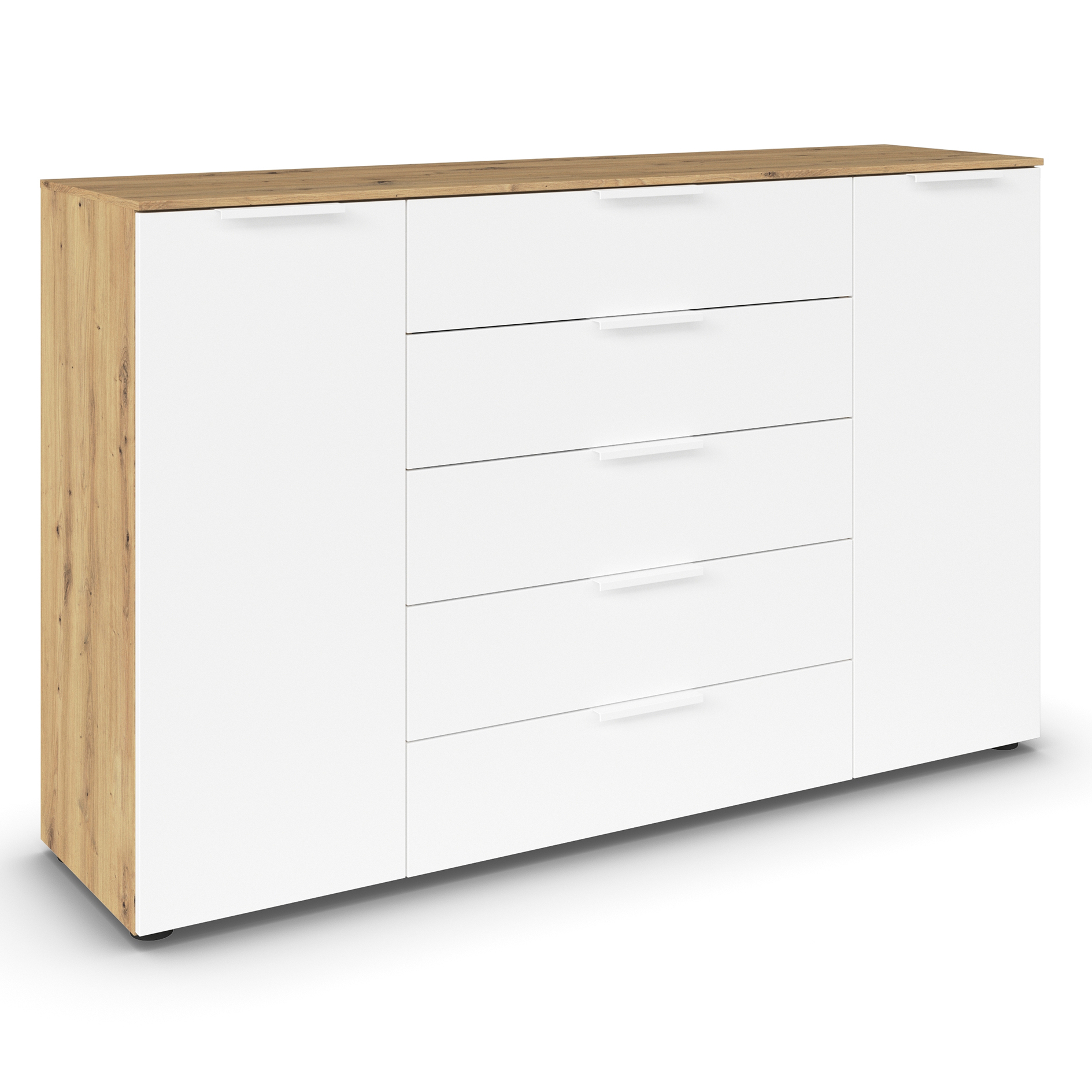 Kommode - Artisan Eiche-alpinweiß - weiße Griffe - 160 cm