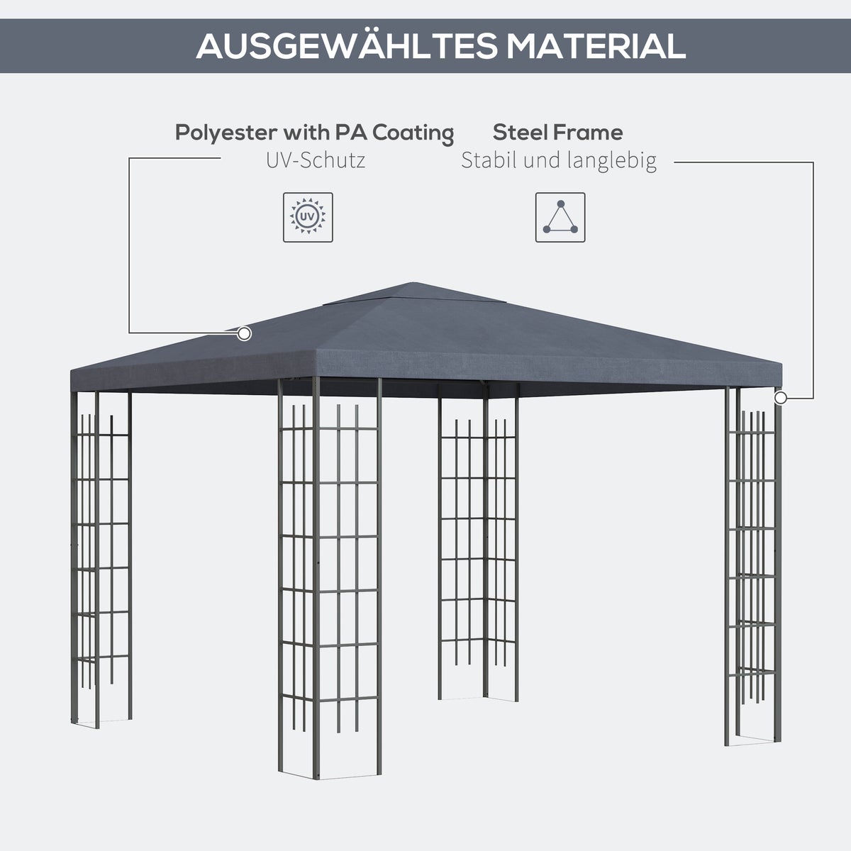 Outsunny Gazebo, tuinprieel, 2,95 x 2,95 m Prieel, 2,95L x 2,95B x 2,55H m, staal, polyester, grijs