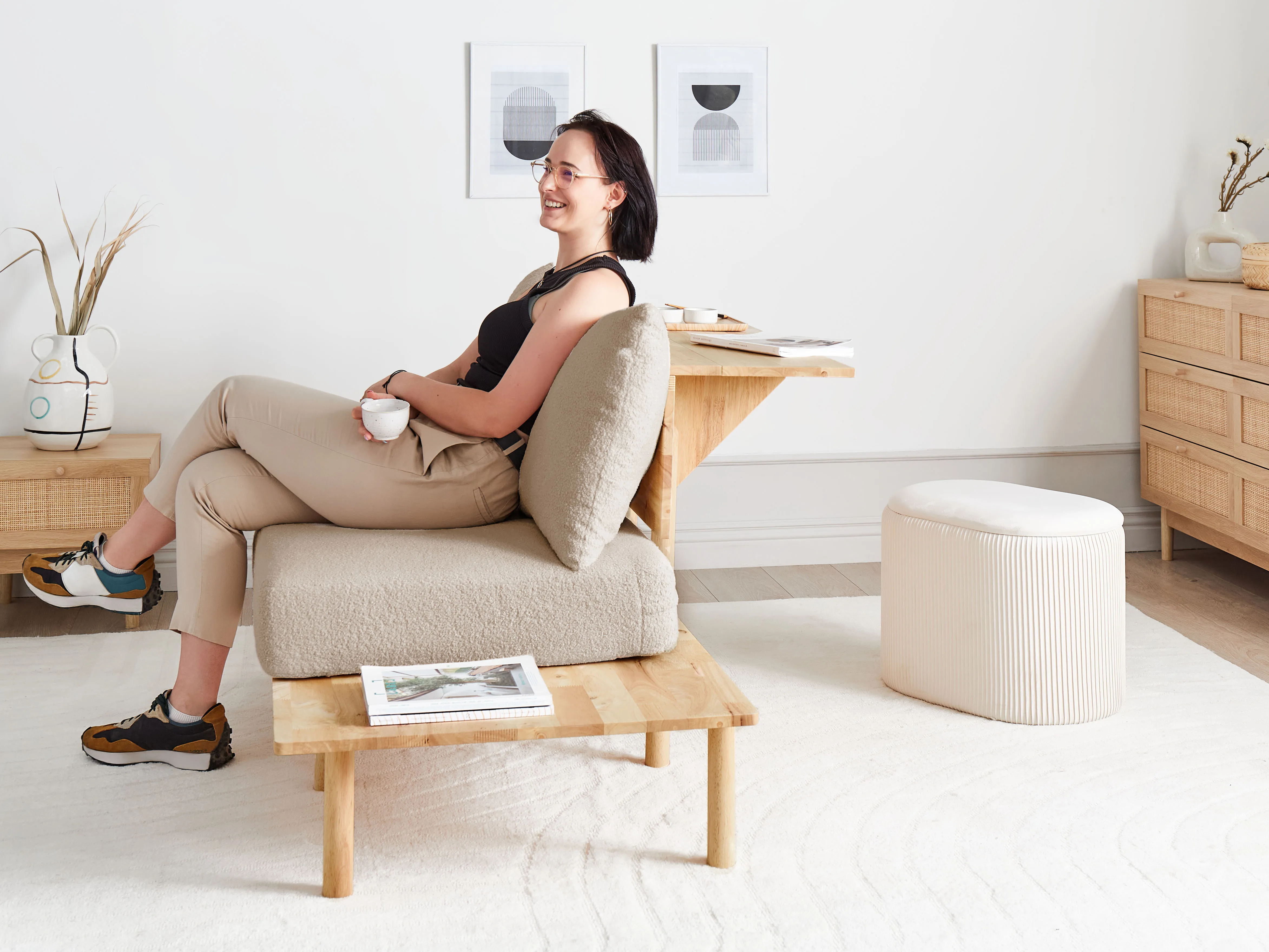Bank 2-zits SALO Bouclé Beige met tafels