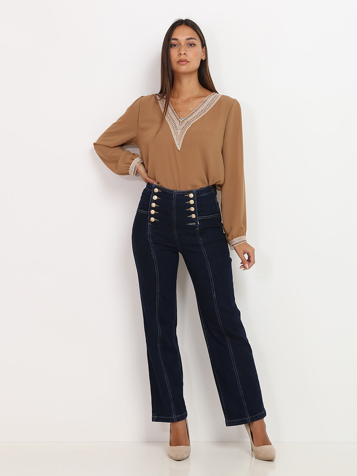 Jeans large taille haute à boutons- Bleu foncé
