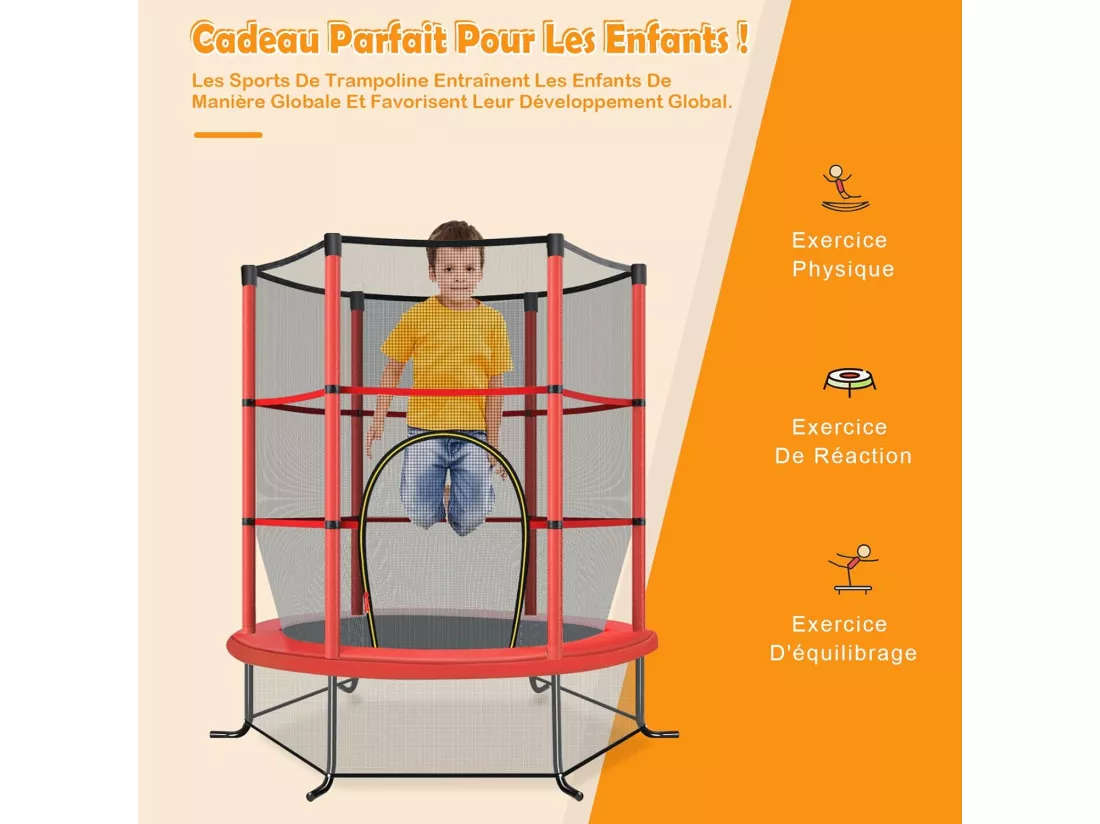 Trampoline de Jardin pour Enfants Ø165 CM avec Filet de Protection,Appuis de Ressorts et Structure en Acier, Rouge