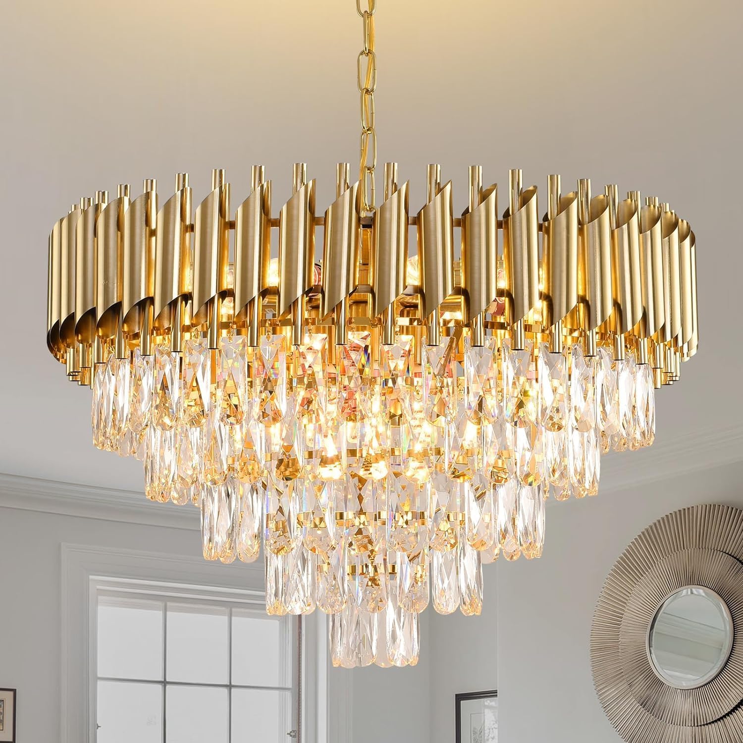 Gold Kristall Kronleuchter Moderne Runde Kronleuchter für Esszimmer 5-Stufen Decken Hängeleuchten Große Decken Kronleuchter für Foyer Wohnzimmer Schlafzimmer Foyer Eingang W60CM 12-Leuchten