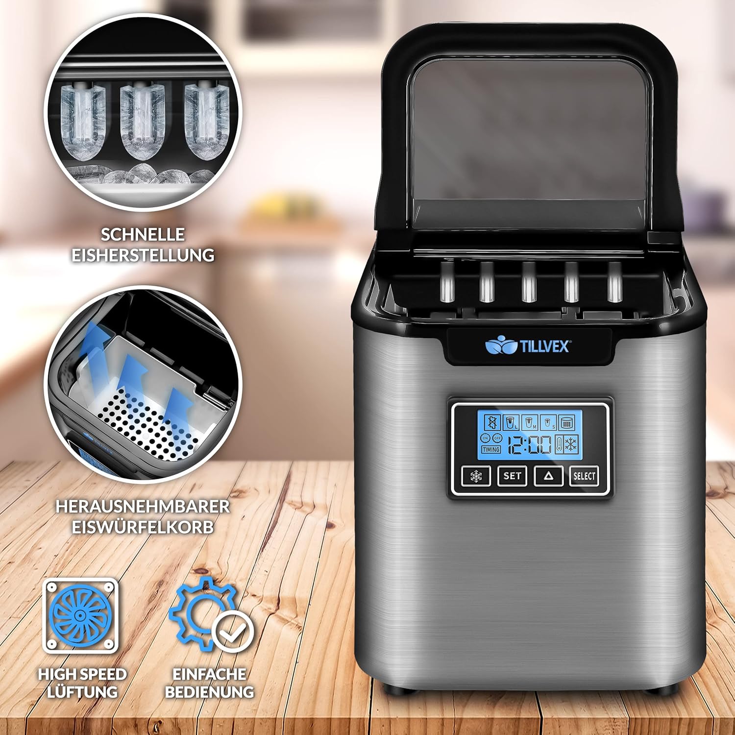 tillvex Eiswürfelmaschine Edelstahl 12 kg - 24 h | Eiswürfelbereiter mit Timer und 2,2 Liter Wassertank | Ice-Maker LCD-Display & Selbstreinigungsfunktion | 3 Eiswürfel Größen (Silber)