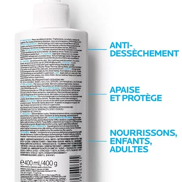La Roche Posay Lot Lipikar Lait Relipidant Corps Anti-Dessèchement 48h 2x400ml