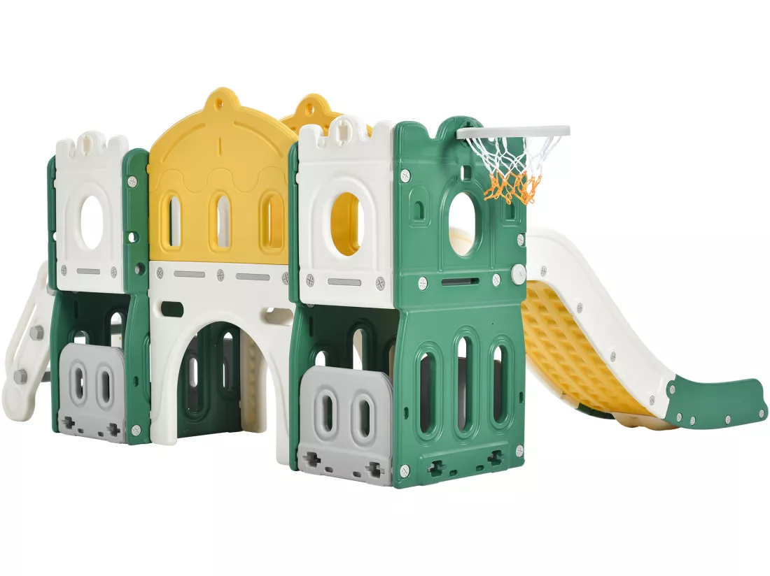 Toboggan en forme de château avec escalade, tunnel, espace de rangement et panier de basket - vert