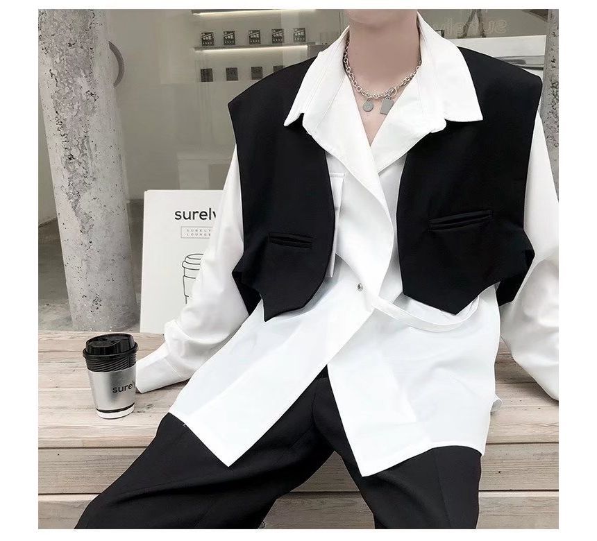 Adotuastic - V-hals effen crop top met open voorkant / effen overhemd met lange mouwen en kraag