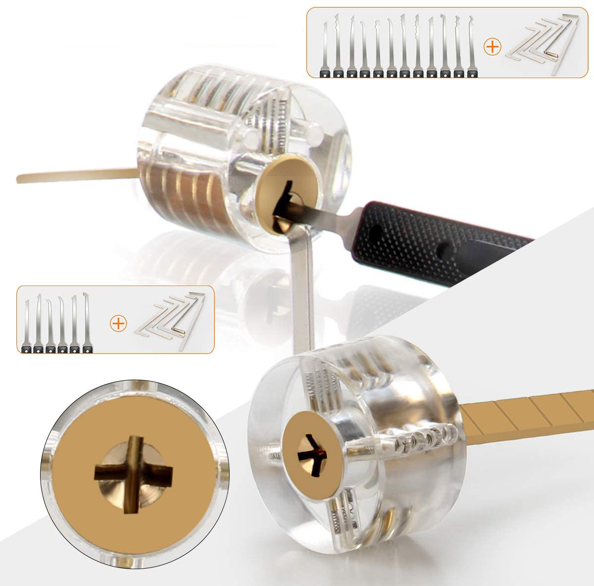 (26-tlg. Set) Dietrich Lockpicking Set mit 4 Übungsschlössern und Edelstahl Spannköpfen / Dietriche - Schwarz