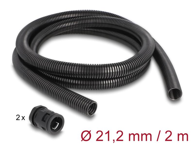 Delock Kabelschlauch 2 m x 21.2 mm Schwarz Delock Kabelschutzschlauch 2 m x 21.2 mm mit PG16 Schlauchverschraubung Set schwarz
