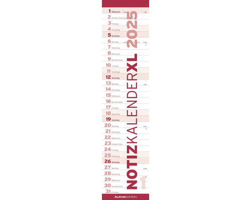 Stripplanner, notitieboek, kalender XL, rood, 2025, 15x64 cm