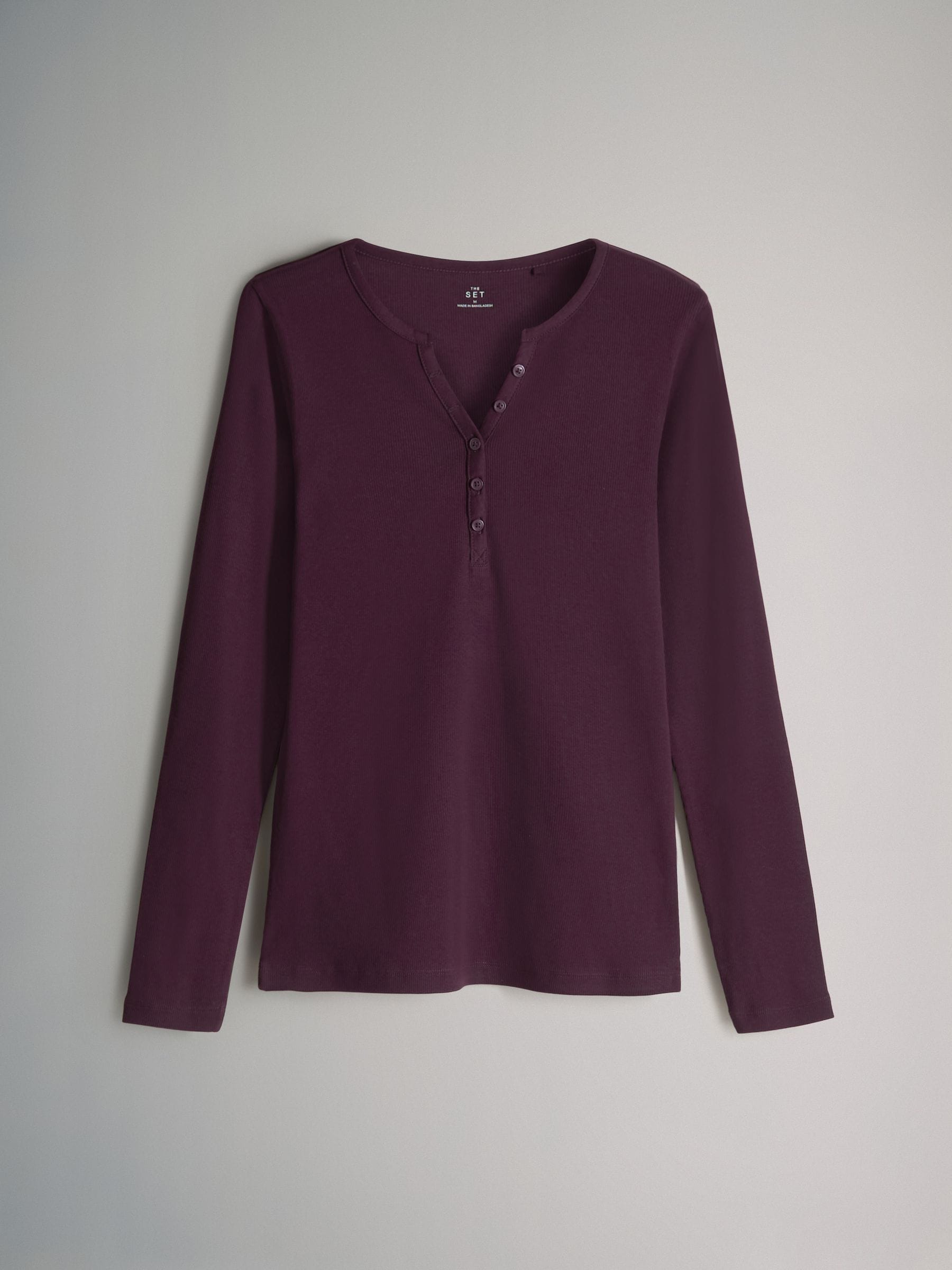 Chocoladebruin/roze/crème - The Set verpakking van 4 geribde Henley T-shirts met lange mouwen