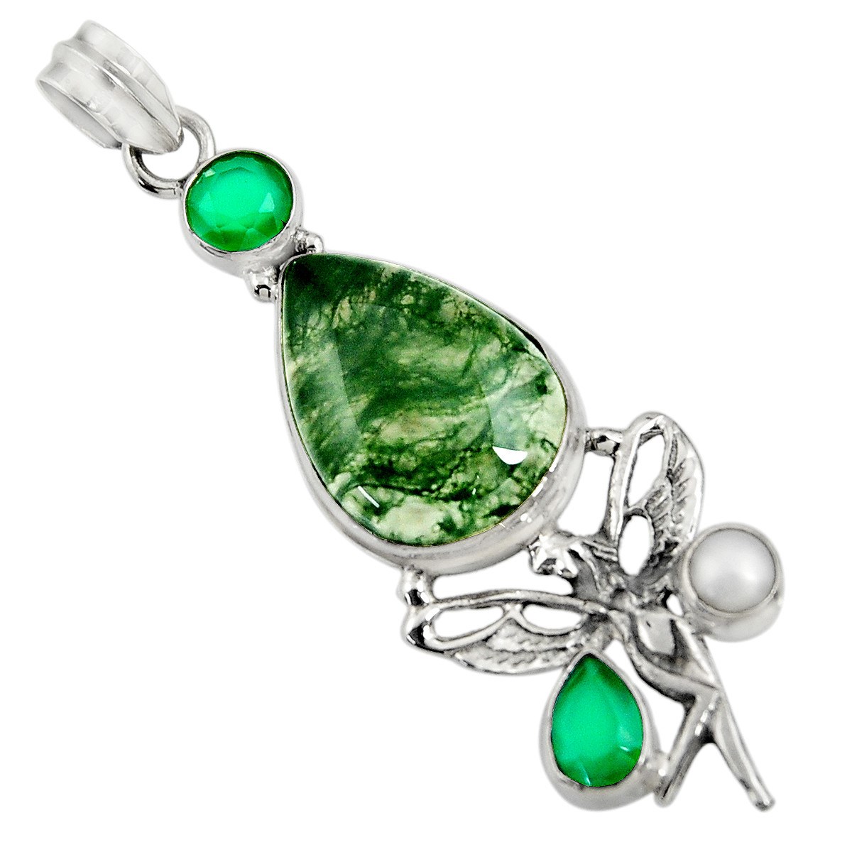 Pendentif fée serti d'une agate mousse, calcédoine verte et argent + chaine 4,5cm gxi260