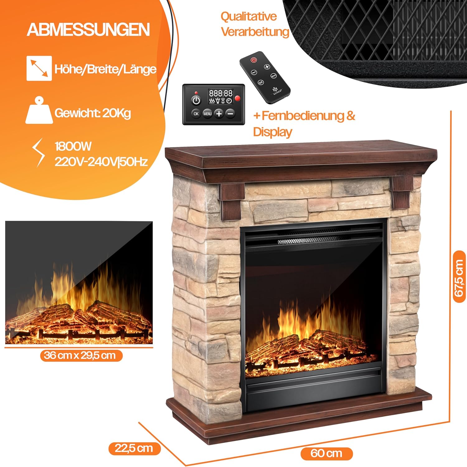KESSER® Elektrokamin Standkamin - Kamin elektrisch mit LED 3D-Flammeneffekt, Mit Heizung Heizfunktion, Elektro Kamin mit 1800W Leistung, Timer, Thermostat, Fernbedienung, dimmbar, Natur/Braun