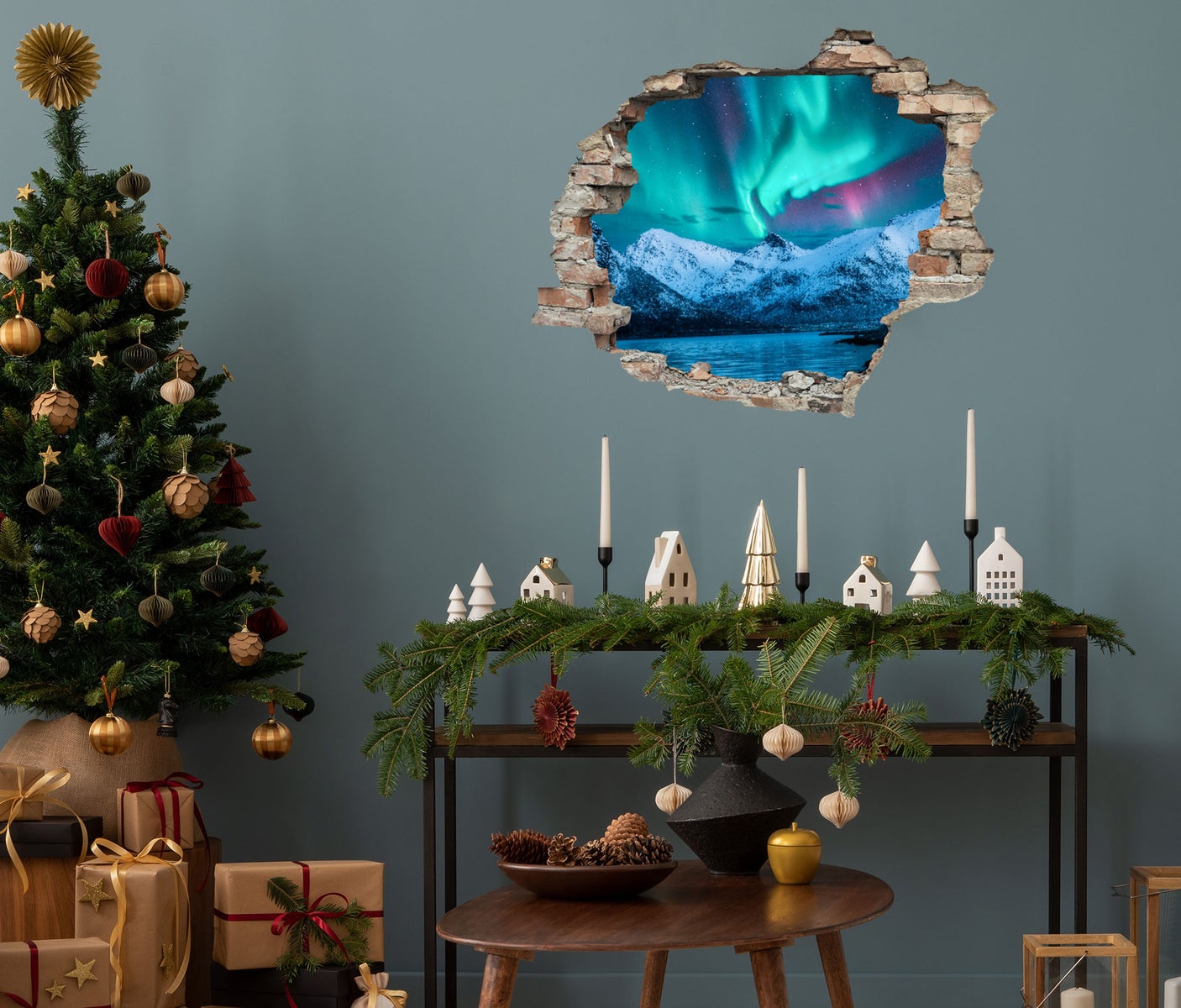 3D muursticker Noorderlicht WS16033_60x50 cm Kerstdecoratie voor aan de muur