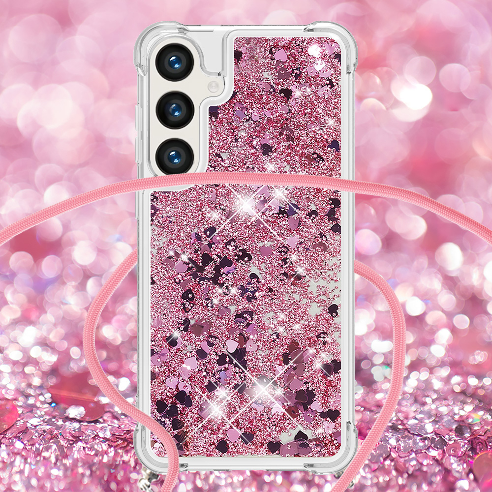 Samsung Galaxy S24 FE Necklace Gummi Hülle Liquid Glitzer   Handykette (130cm) - Pink / Roségold