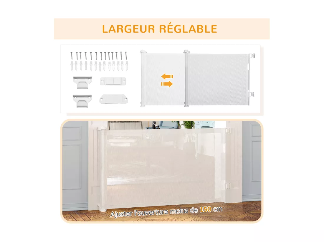 Barrière de sécurité barrière animaux rétractable automatique 1,65L x 0,85H m teslin alu. PVC blanc
