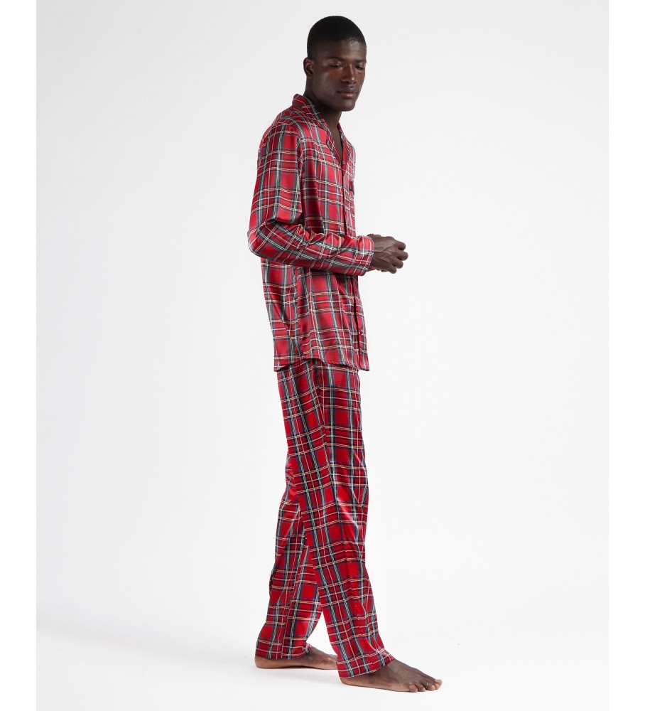 Pijama Admas de manga comprida aberto, estilo escocês, vermelho.