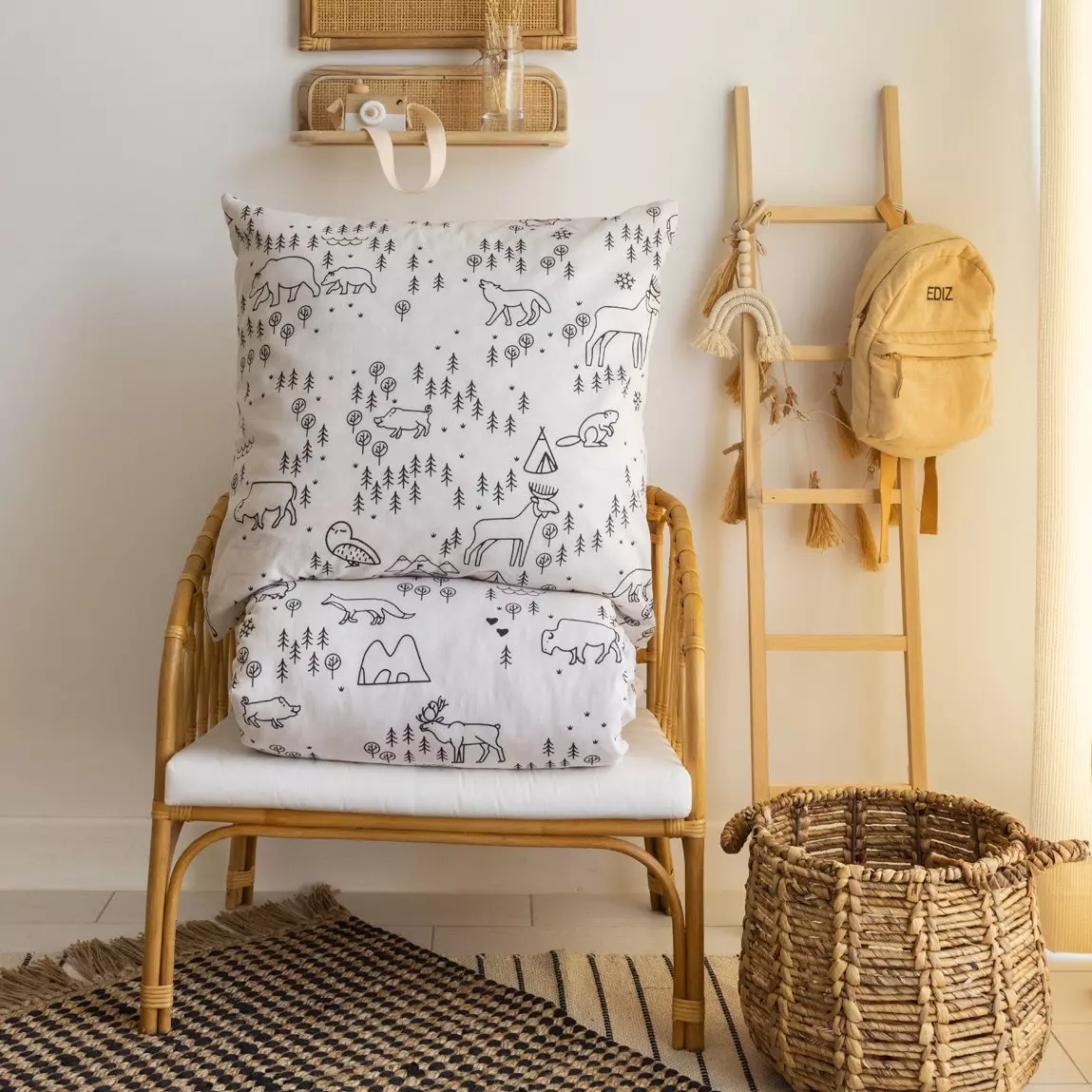 Housse de couette et une taie enfant coton (140 x 200 cm) Wild Ecru