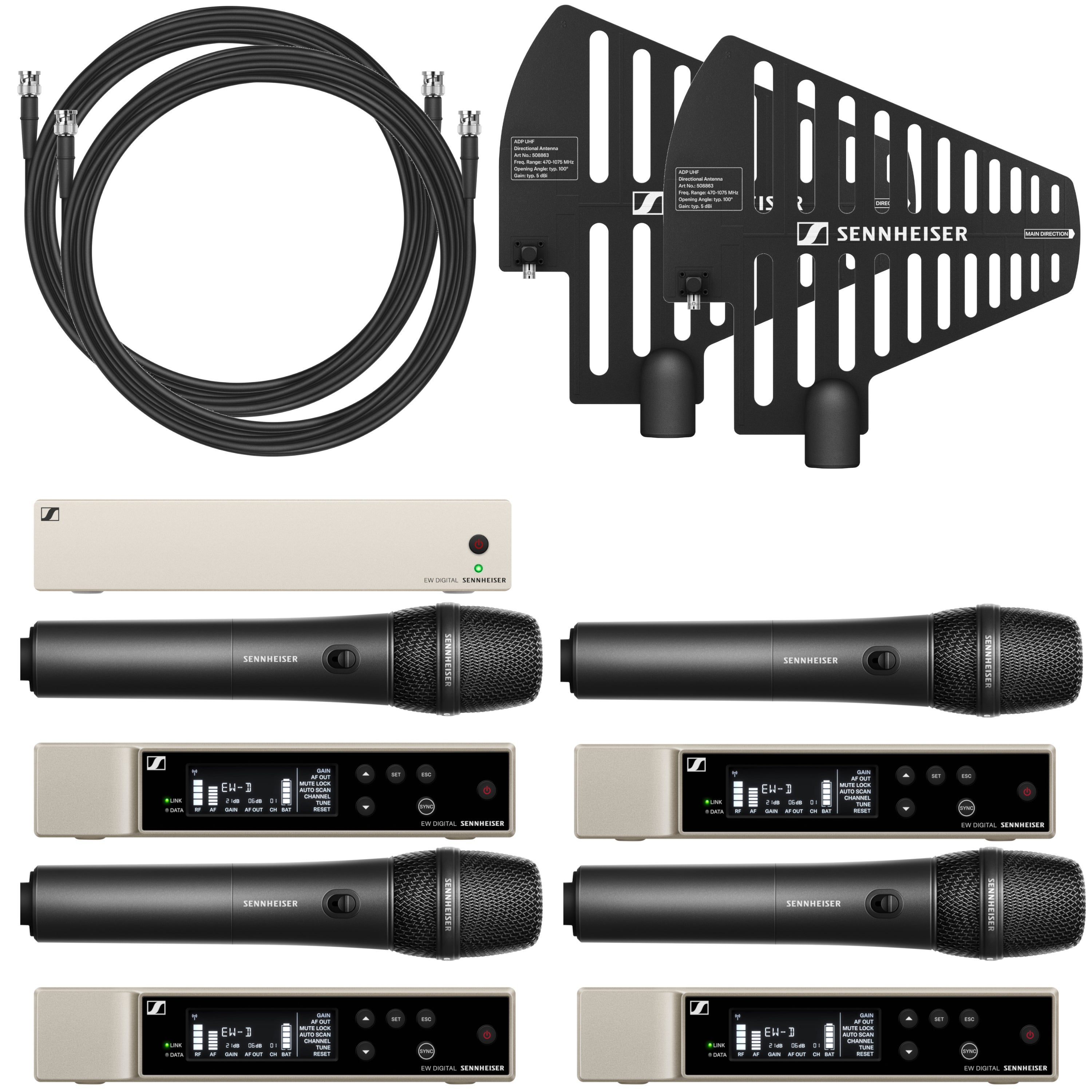Sennheiser 4 x EW-D 835-S Set R1-6 + EW-D ASA + 2 x ADP UHF draadloze handheld set (520-576 MHz)