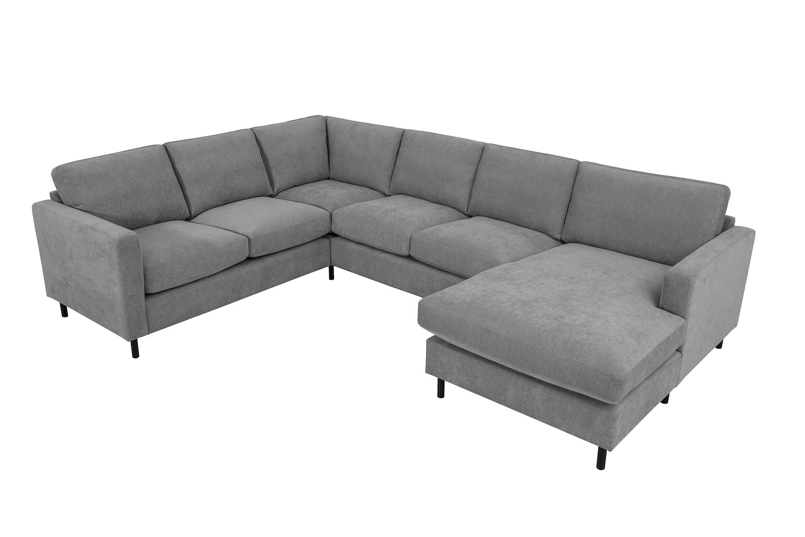 Viken U-sofa 2-seter venstre, 2-seter og sjeselong høyre. Tekstil Storm 3/3 Warm Grey. Arm B og ben 1.  Med duntopp.