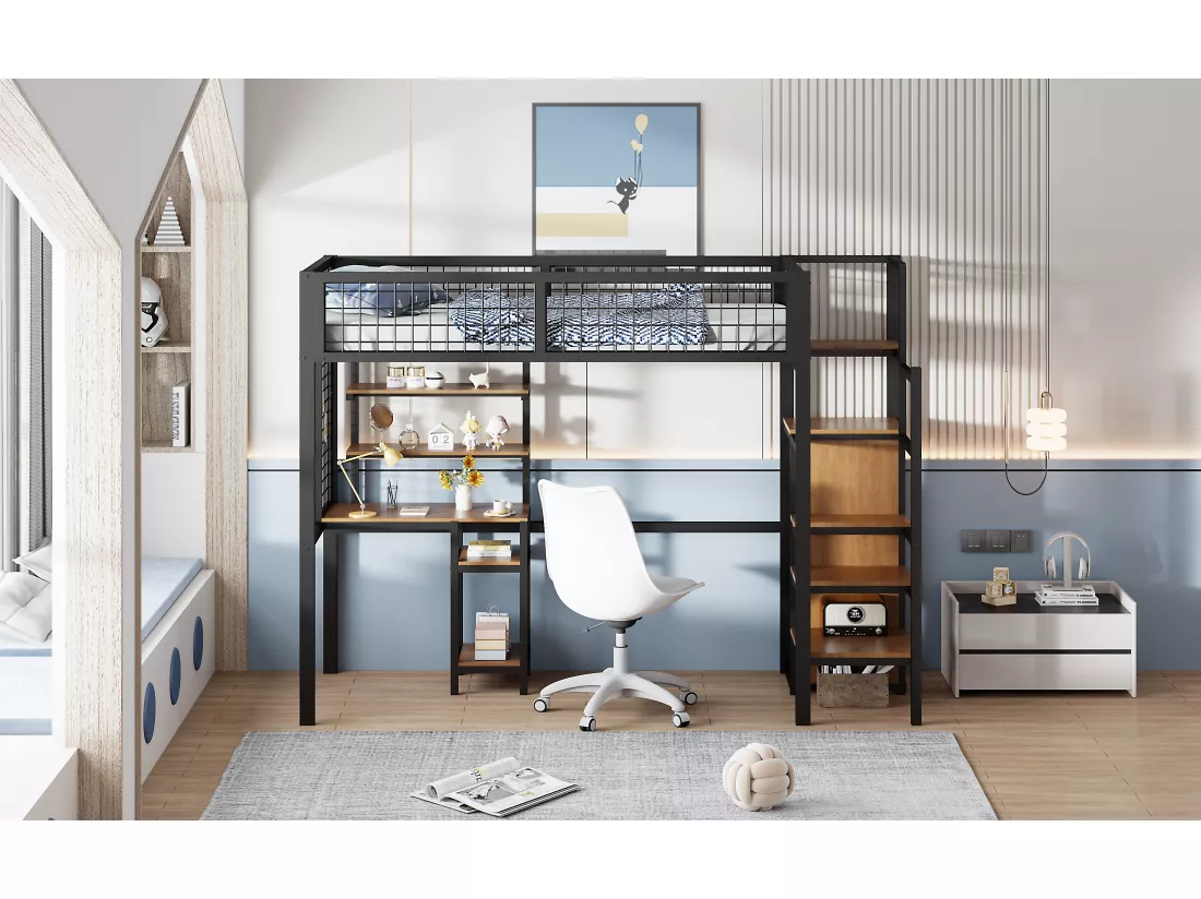 Lit mezzanine 90 x 200 cm avec armoire, éscalier, bureau, étagères de rangement, tout-en-un - cadre en métal - noir