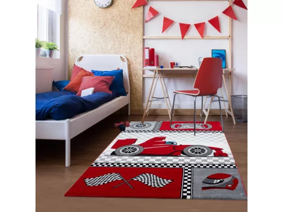 Tapis enfant 120x170 rectangle tissé rouge et gris KID RACE