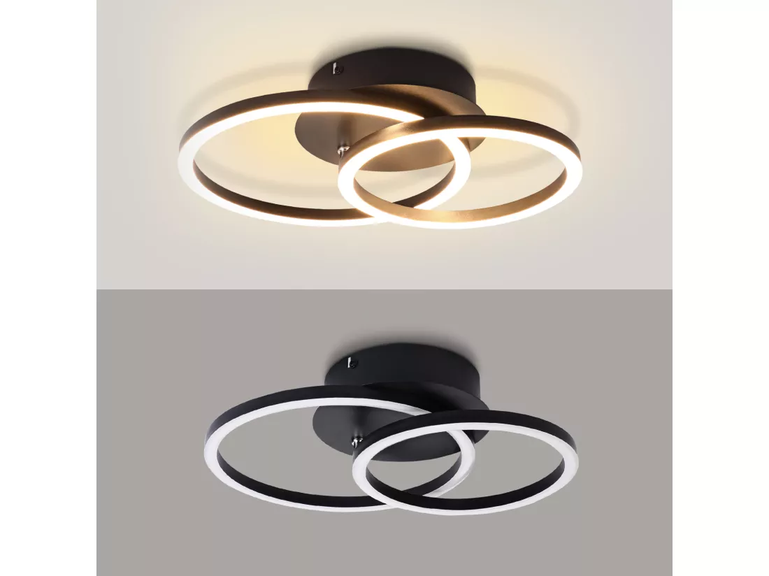 NETTLIFE Plafonnier LED Lampe de plafond 24W Design moderne rond blanc chaud 3000K noir 2 anneaux