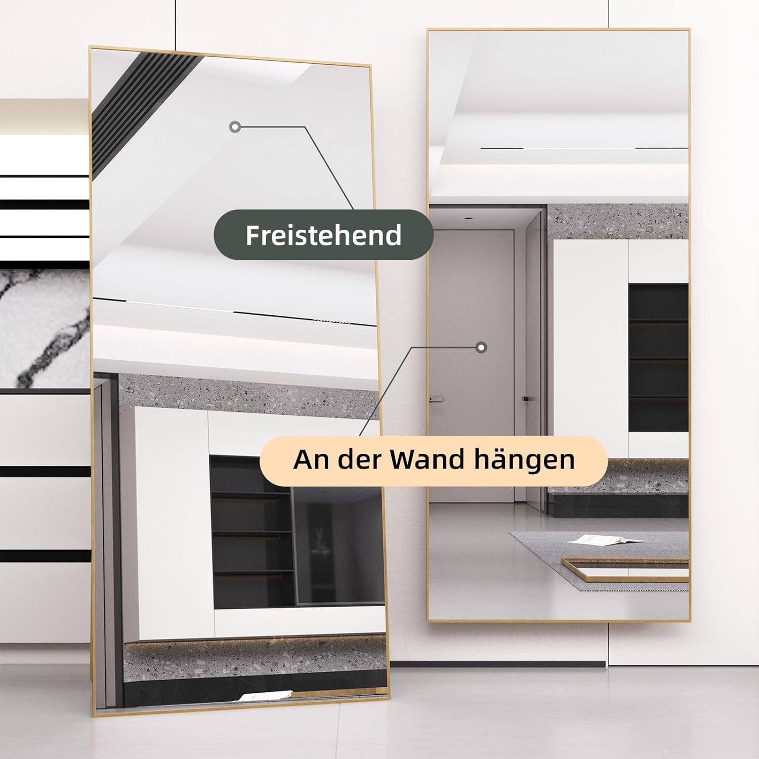 Ganzkörperspiegel Standspiegel 180x80cm mit Golden Metallrahmen Bodenspiegel HD Spiegel Groß Wandspiegel mit Haken für Wohn-, Schlaf- und Ankleidezimmer
