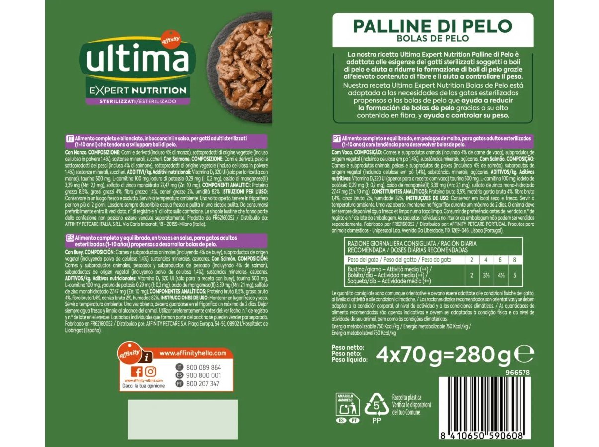 COMIDA HÚMIDA PARA GATO ULTIMA ESTERILIZADO BOLAS PÊLO 4X70G