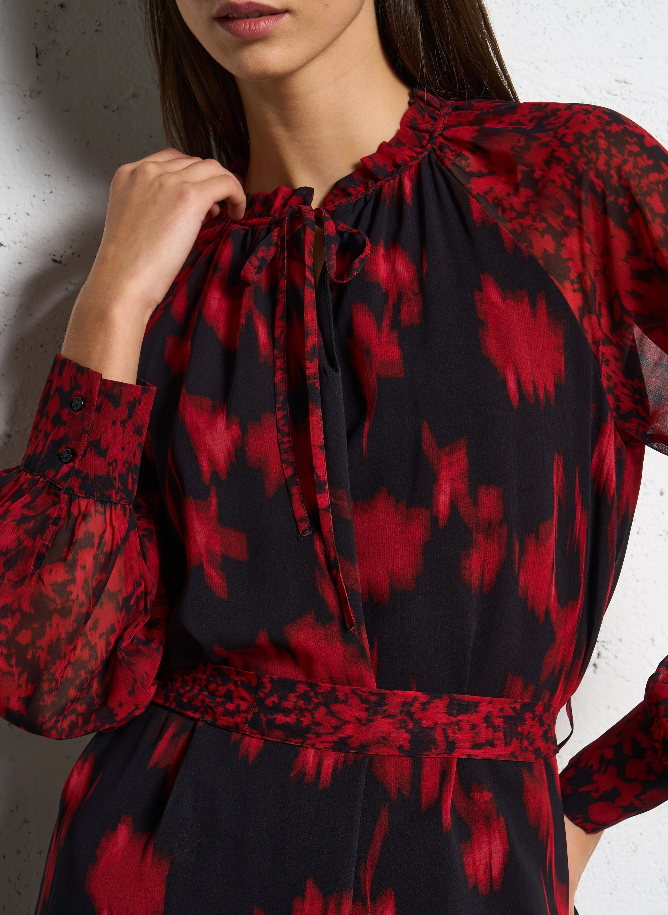 RICAELA - Robe midi col victorien imprimée | Noir