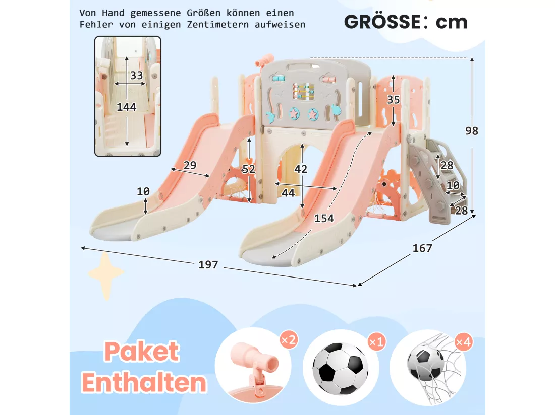 Ensemble aire de jeux pour enfants 8 en 1 - 197 x 167 x 98cm - en matériel HDPE - avec tunnel arqué et escalade - Rose