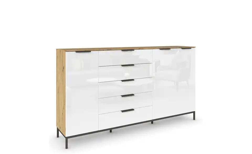 Highboard Weiß, Eiche Artisan (Nachbildung) Weiß, Eiche Artisan (Nachbildung) Front: Glas, Oberboden: Dekor Graphit