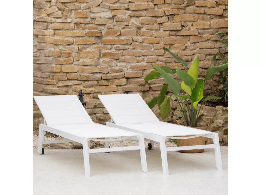Lot de 2 bains de soleil BARBADOS en textilène blanc - aluminium blanc - HAPPY GARDEN