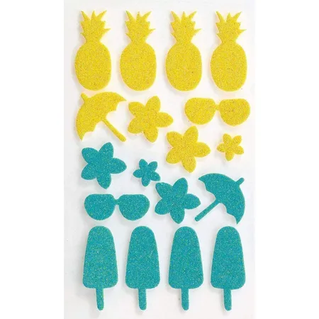 Moosgummi Glitter Sticker, Tropic, sortiert in pink, grün, gelb und türkis, verschiedene Motive, 40 Stück - Ideal zum Verzieren und Dekorieren von Grußkarten usw.