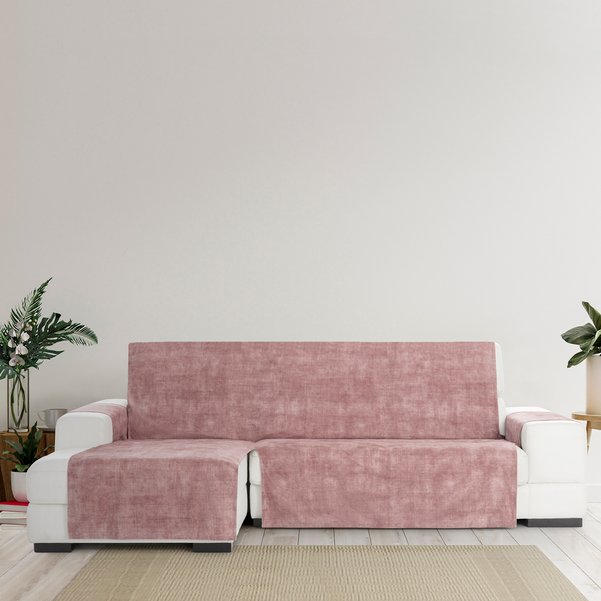 Capa protetora antimanchas para sofá com acabamento em veludo, rosa, chaise longue com chaise à esquerda, 240 cm (250-300 cm)