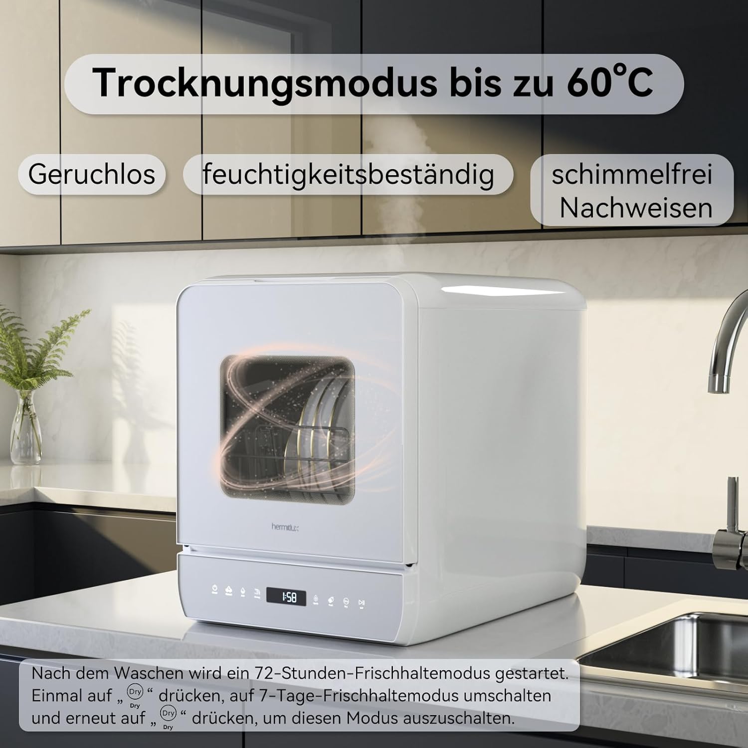 Hermitlux Tischgeschirrspüler, Mini spülmaschine mit 6+1 Programme, 5 Maßgedecken, 5L Wassertank